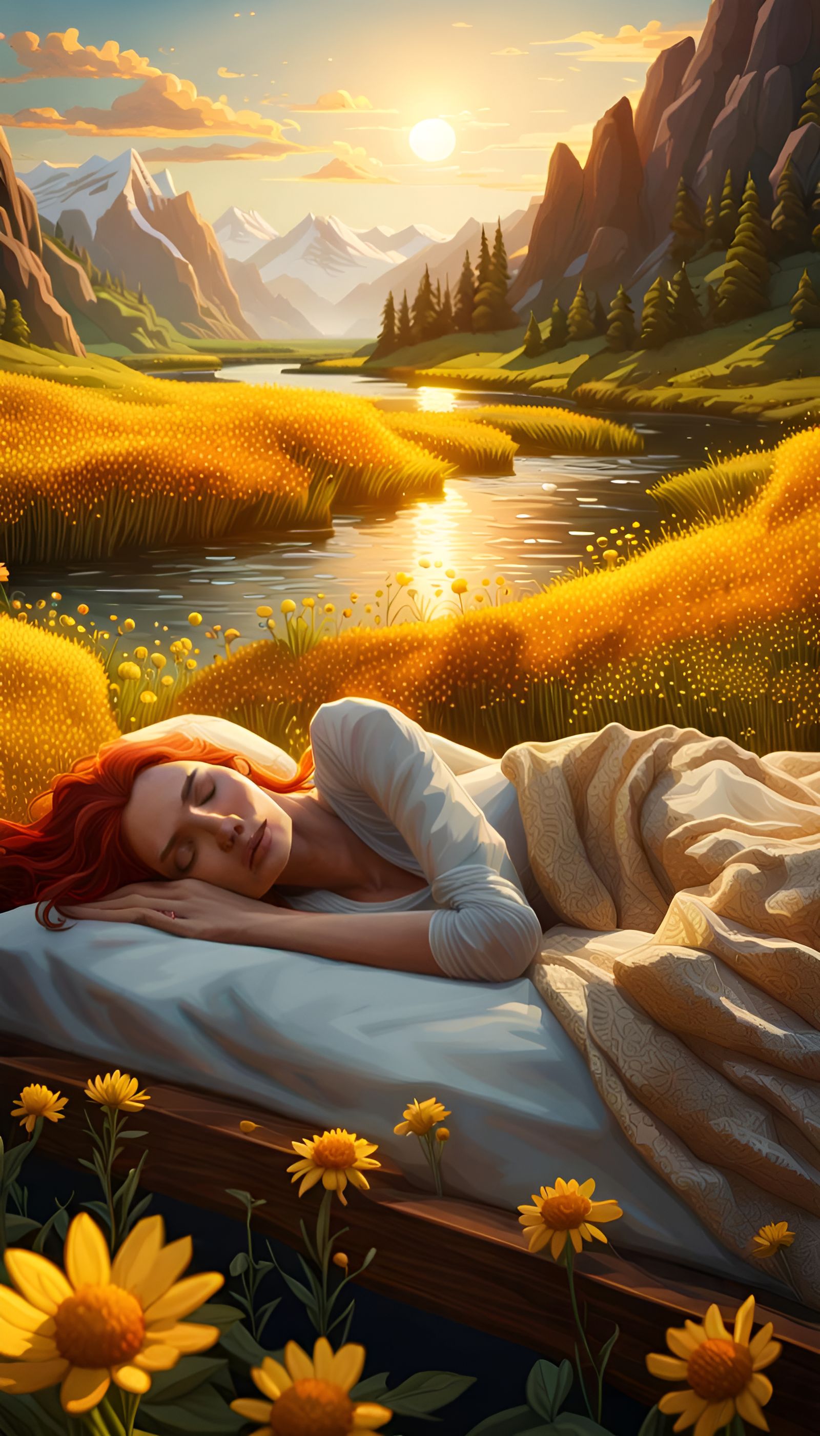 Woman Sleeps in Golden River, Aetherpunk Style