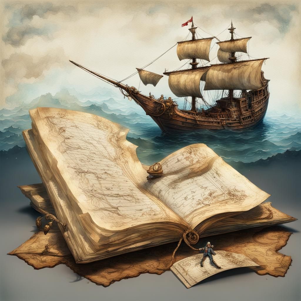 Pirate Ship Journal Page in Watercolor Style