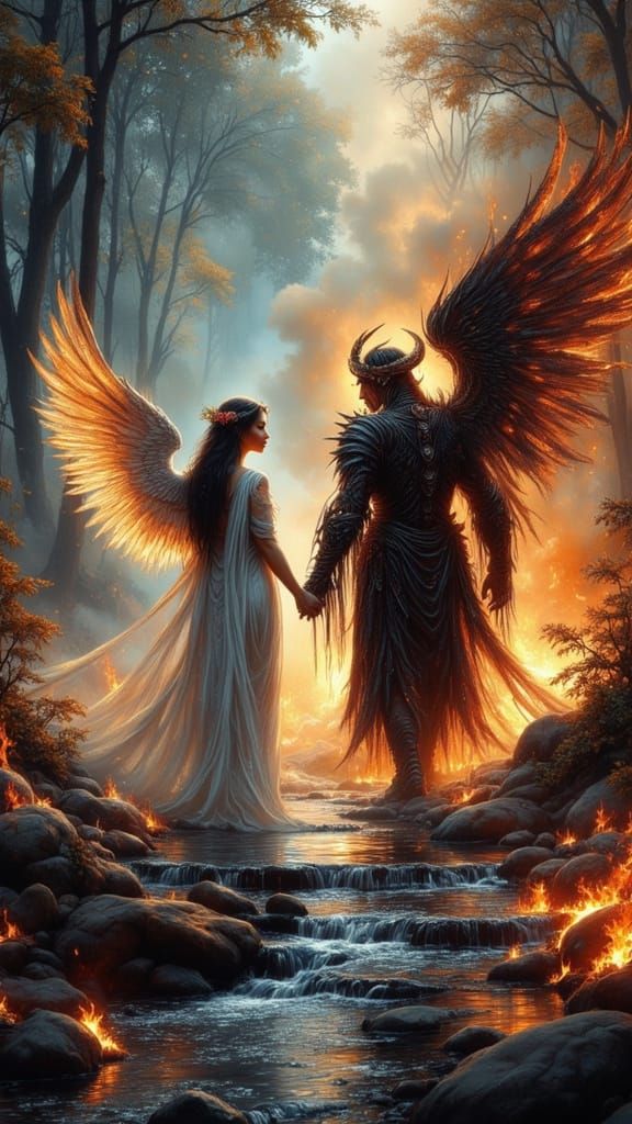 Angel and Demon in Fiery Forest