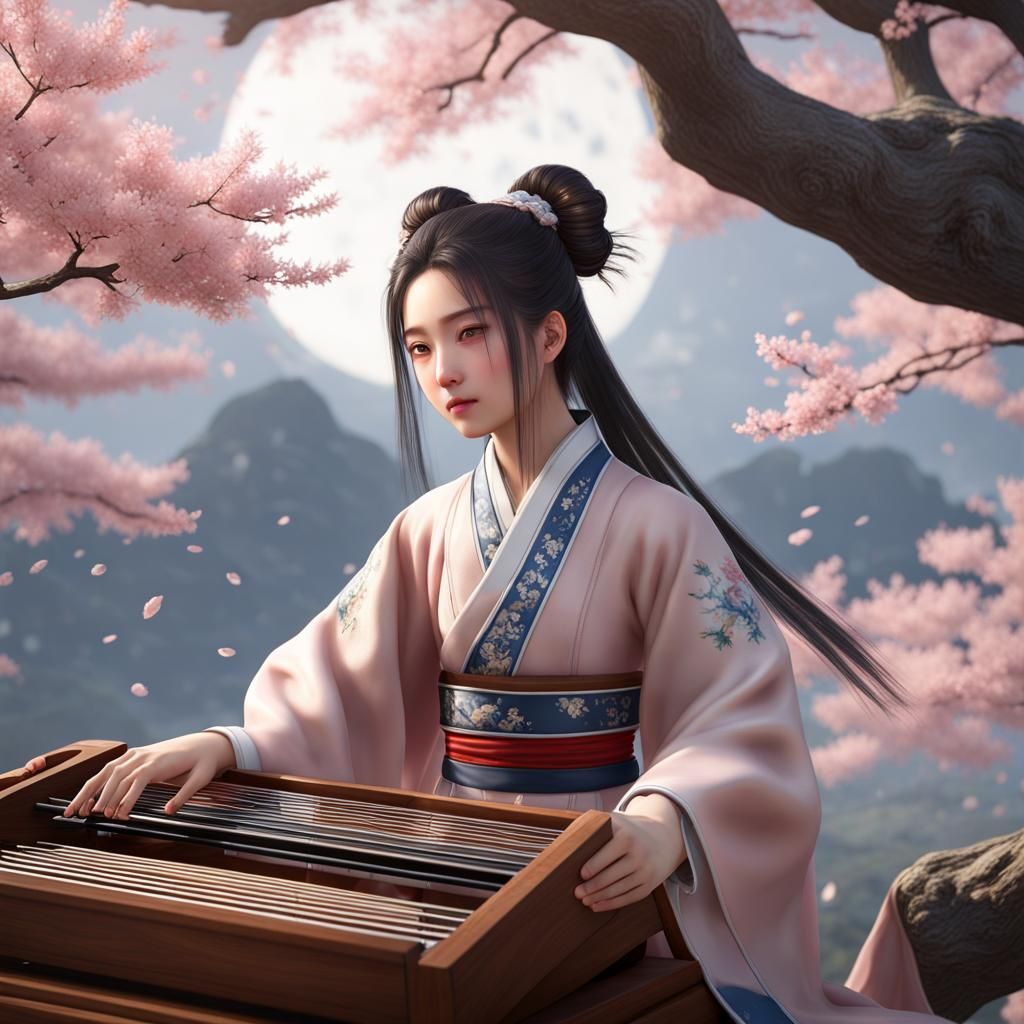 Girl Plays Guzheng Music Amidst Sakura Trees