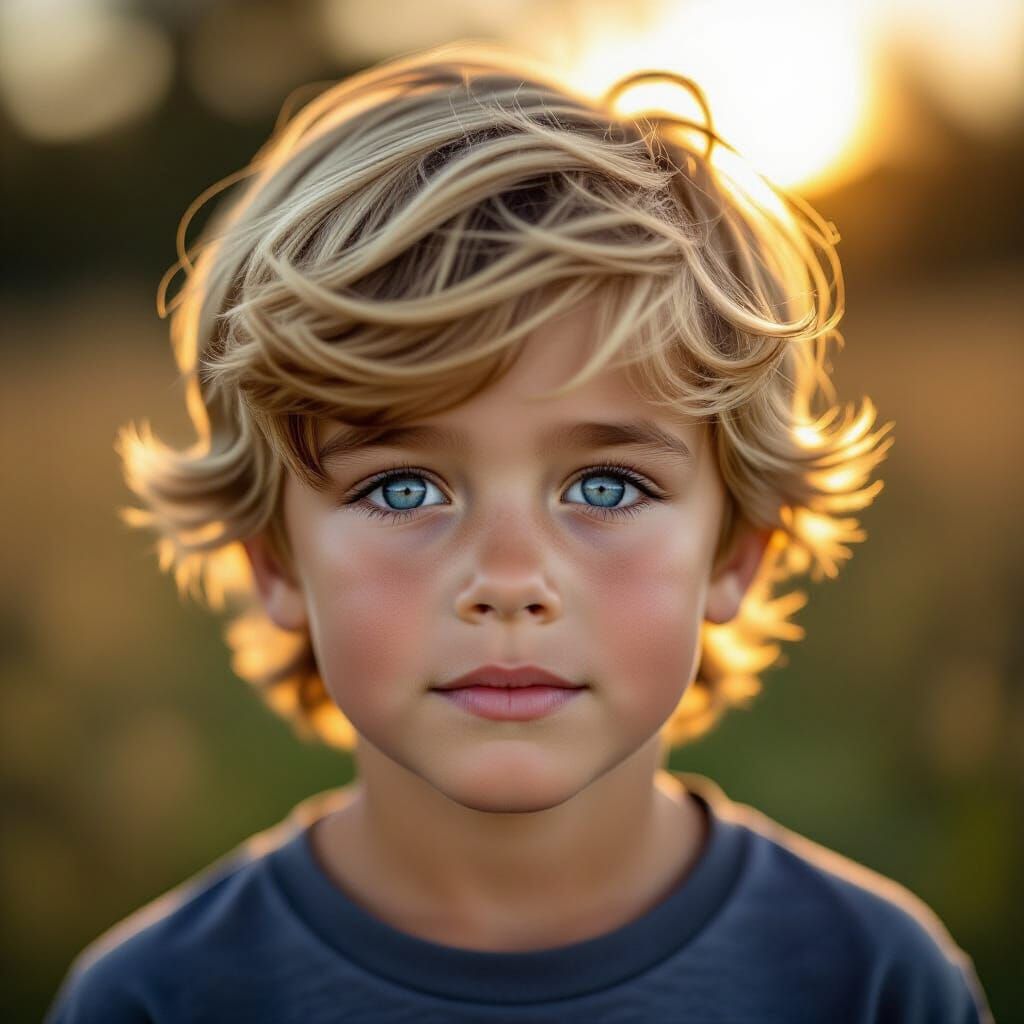 Photorealistic Portrait of Young Boy with Blue Eyes