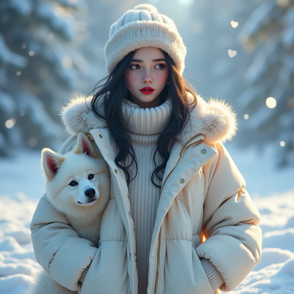 Girl with Samoyed Puppy in Winter Landscape