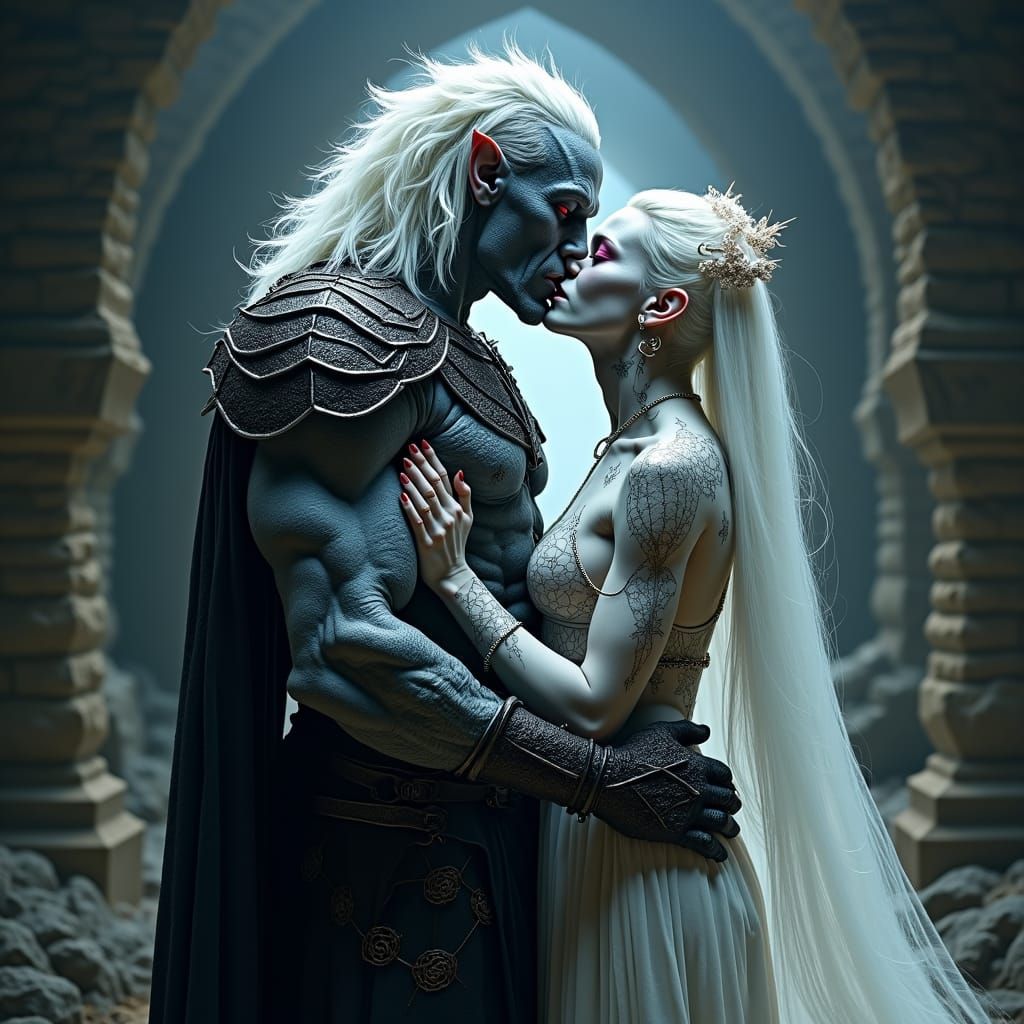 Drow Elves Embrace in Mystical Underground Tunnel