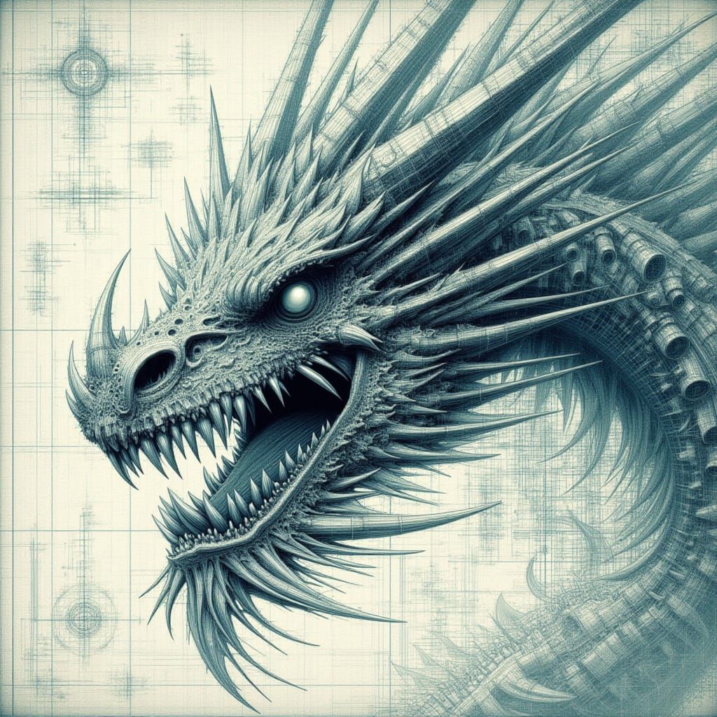 Detailed Demon Dragon Schematic in Rough Style
