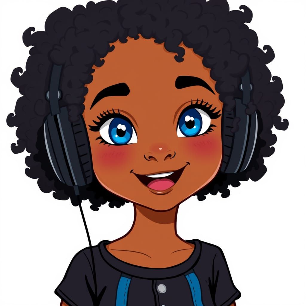 Vibrant Cartoon Girl with Big Smile and Headphones