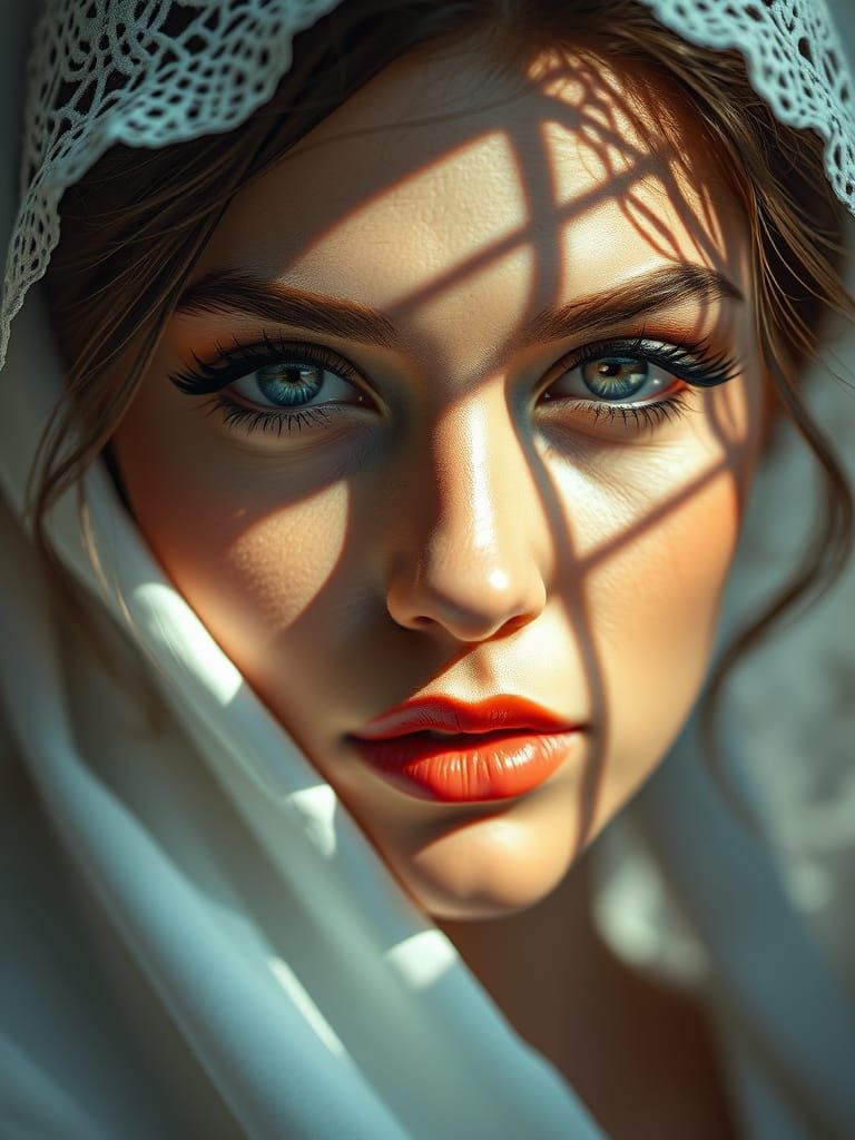 Lace Shadow Portrait: Photorealistic Woman in Chiaroscuro