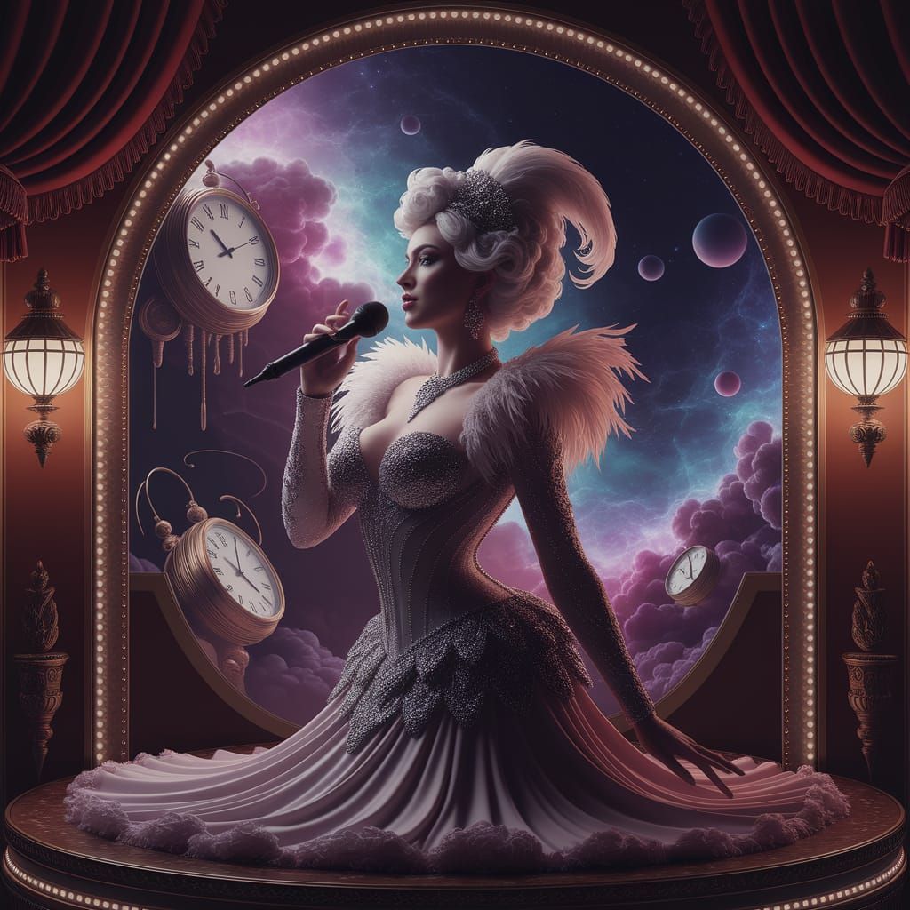 Cabaret Singer in Feathered Costume on Surreal Stage