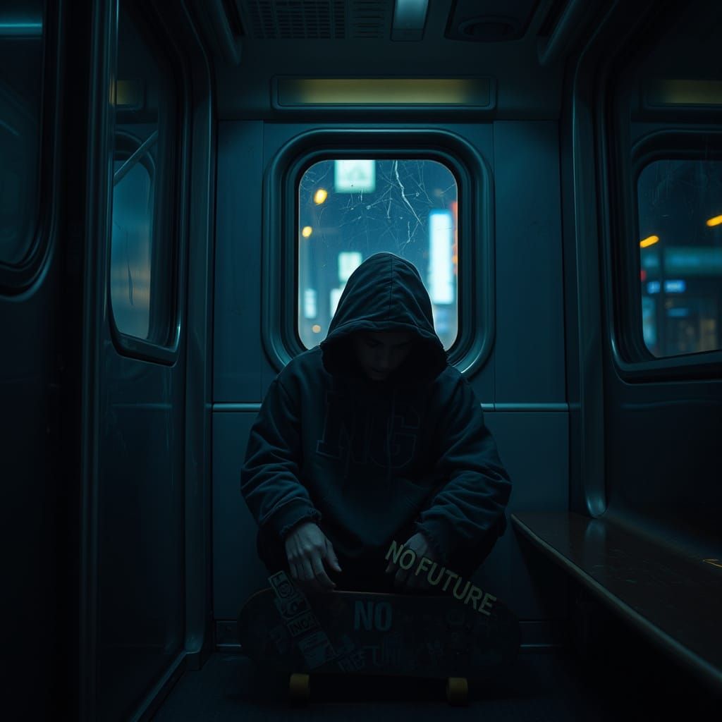 Hooded Skater in Dimly Lit Subway Car