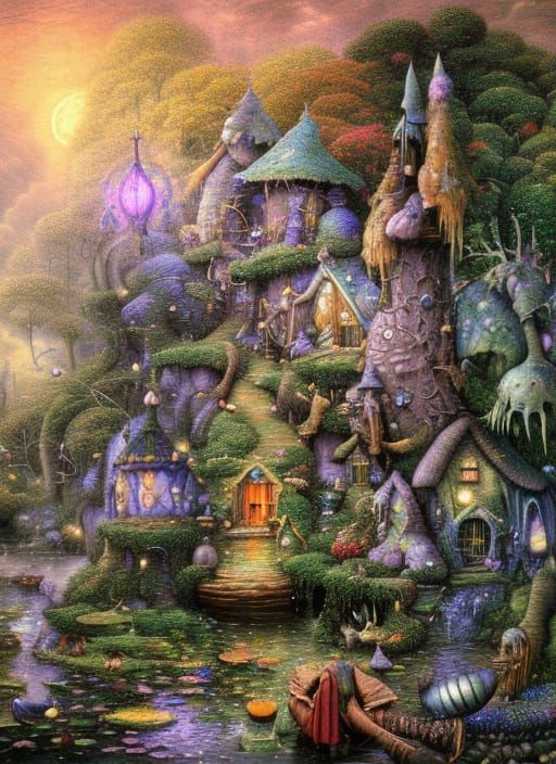 Whimsical Wizard's Sanctum Amidst a Swampy Night, in Vibrant...