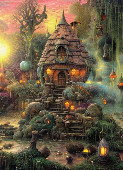 Magical Wizard's Hut in Swamp, Digital Oil Painting