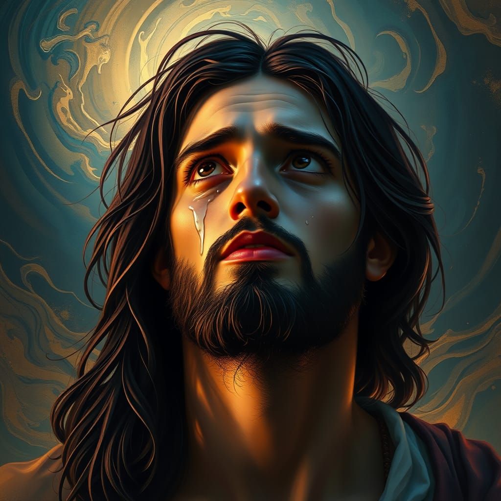 Solemn Dark-Haired Jesus in Tears