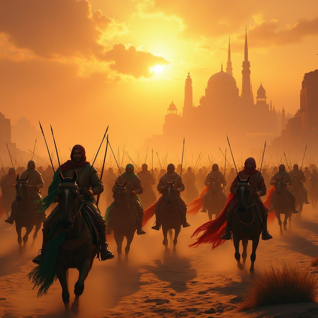 Epic Desert Battle: Arab Army Charge in Golden Sunset