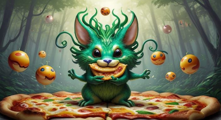 Pizza Cheese Forest Creature in Psychedelic Graffiti Art
