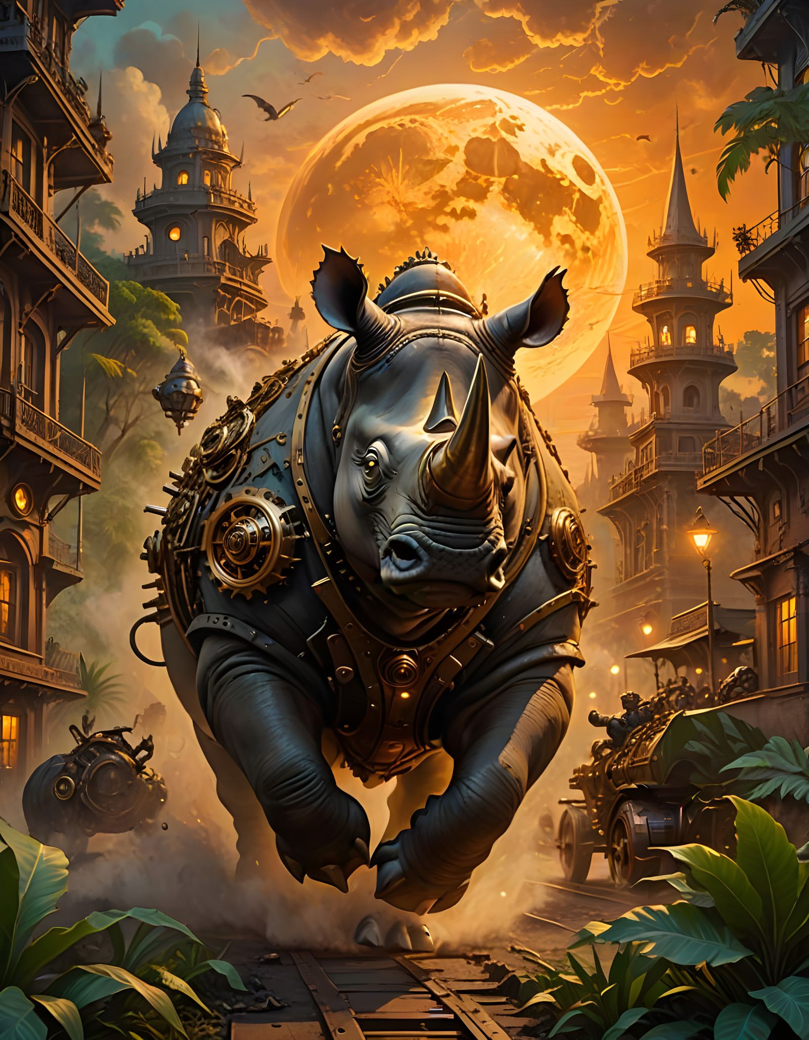 Steampunk Rhinoceros Charges Through Jungle City