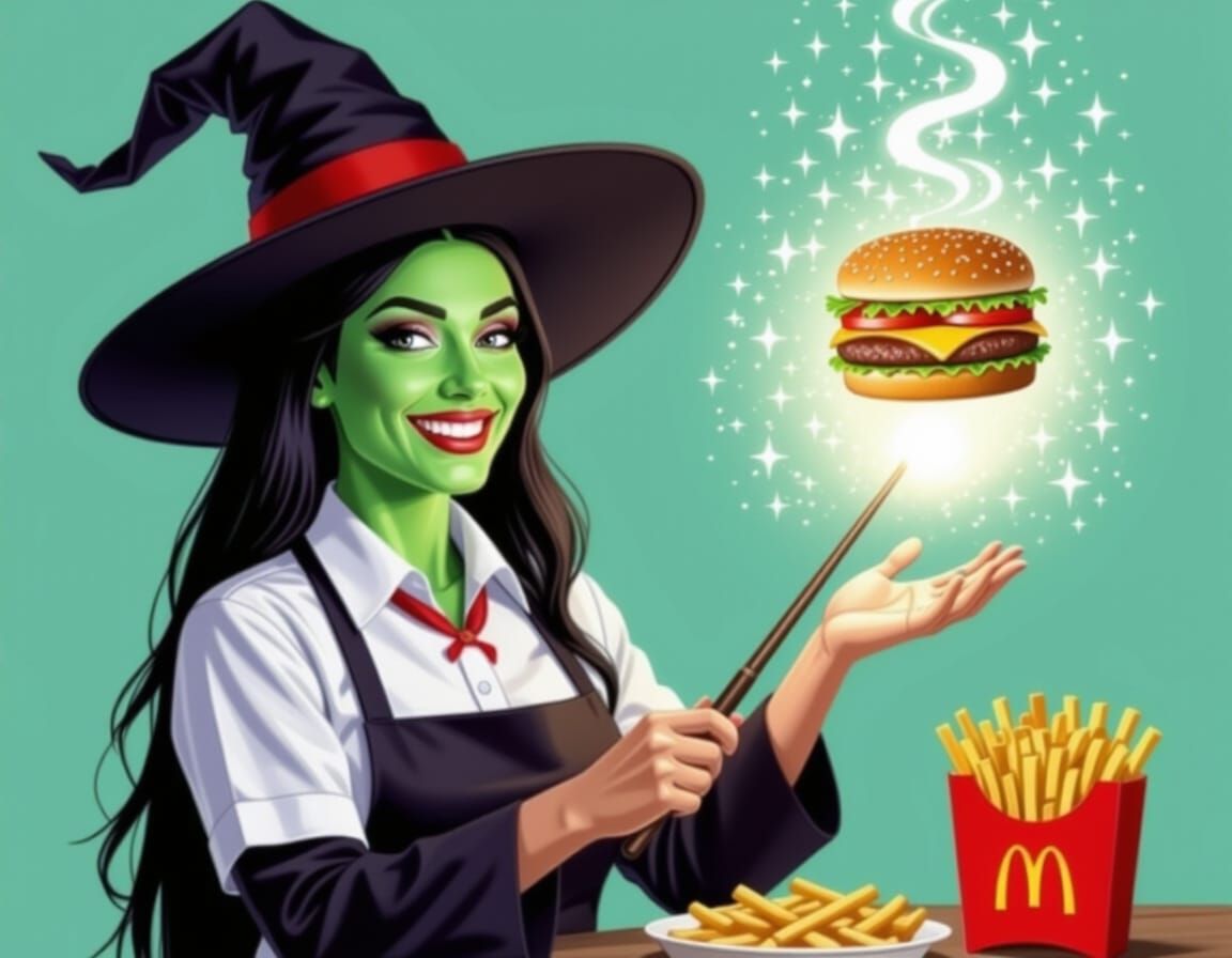 Witch Conjures Burger in Fast Food Uniform