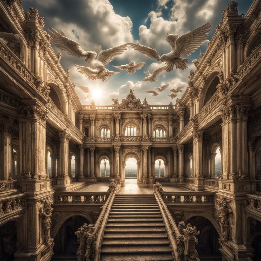 Hyperrealistic Angels Flying Around Palace in Heaven