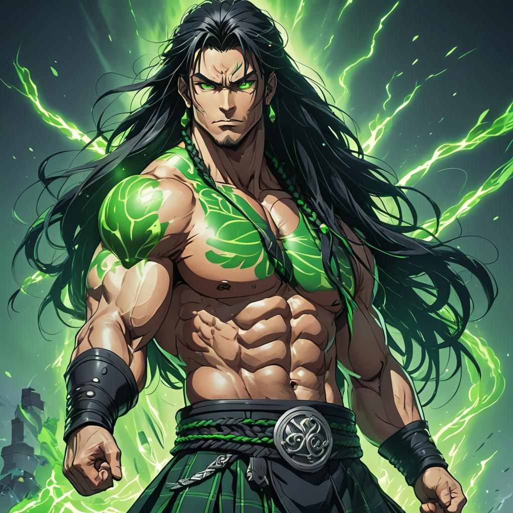 Muscular Anime Man in Kilt with Green Aura