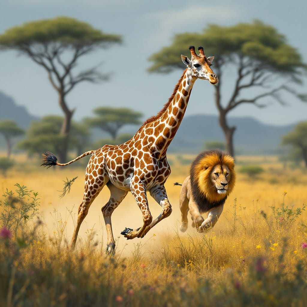 Giraffe Running from Lion on African Savannah