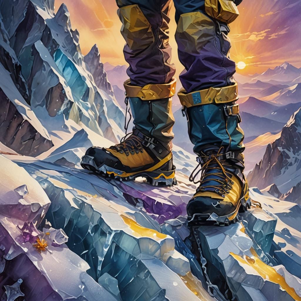 Adventurer Ascends Icy Mountain at Sunset: Fantasy Concept A...