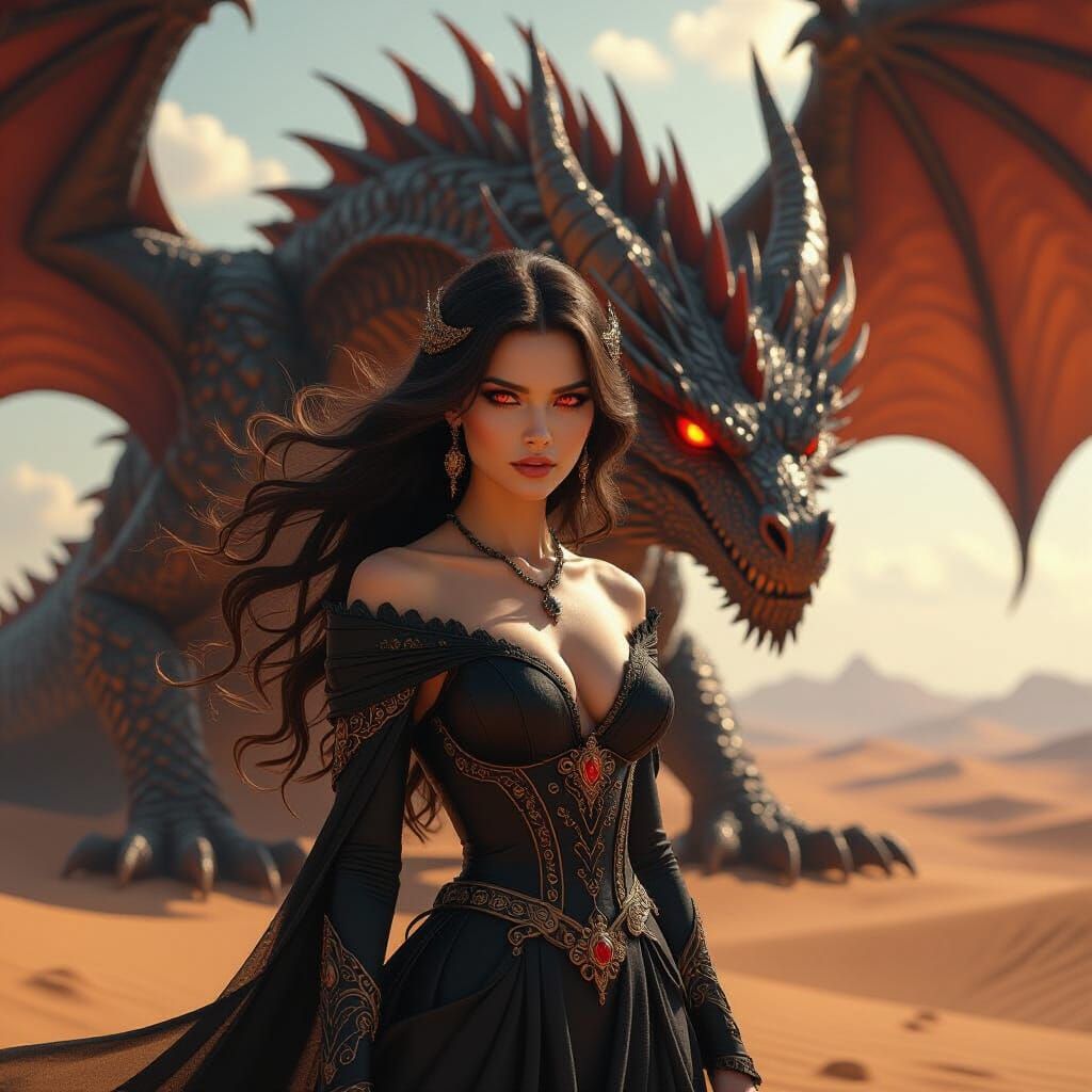 A dramatic and intense scene set in a desert landscape. Domi...