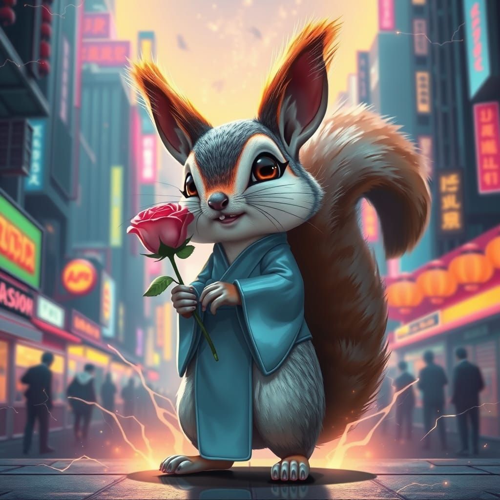 Squirrel in Hanbok Amidst Neon Cityscape