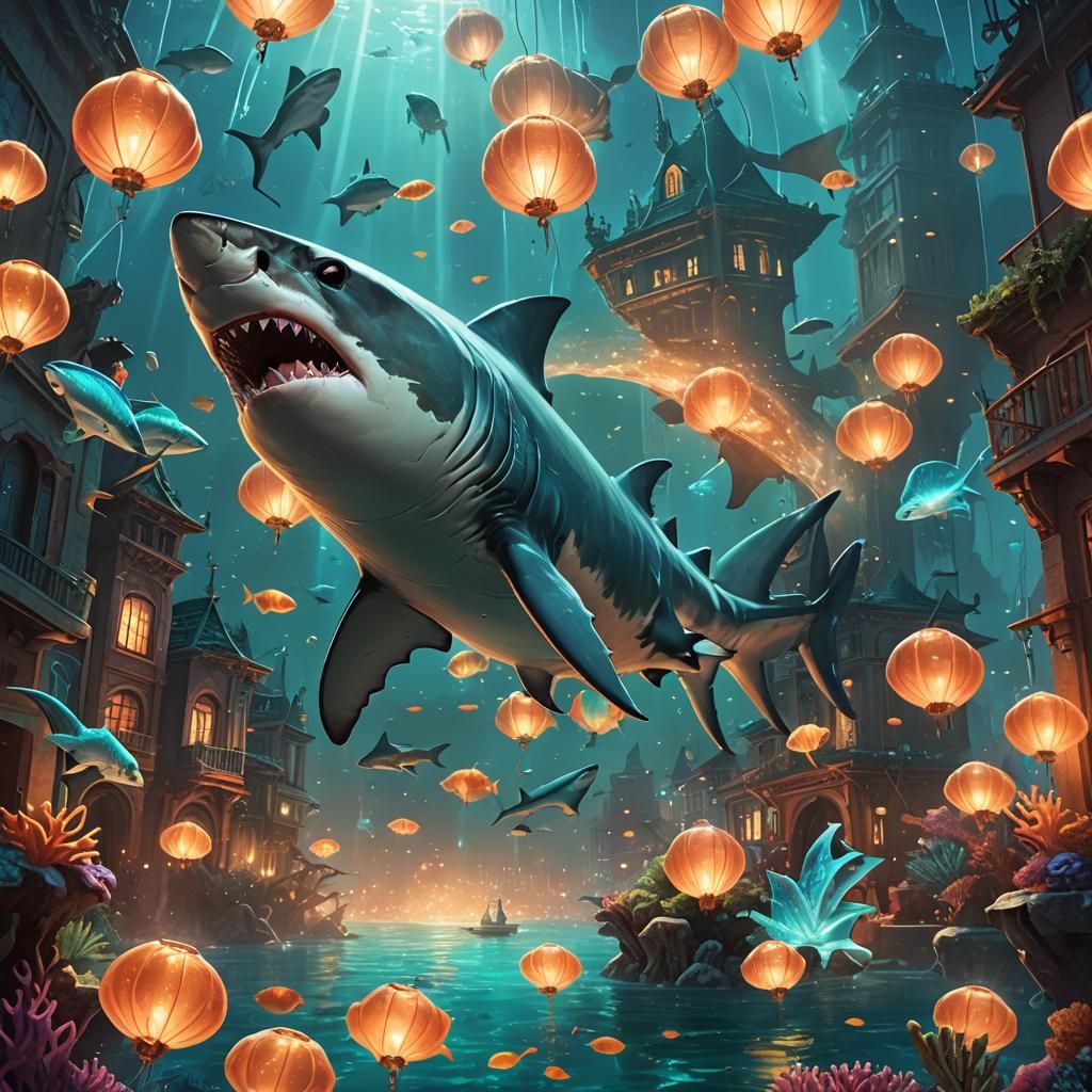 Shark Dancing in Underwater City: Fantasy Art