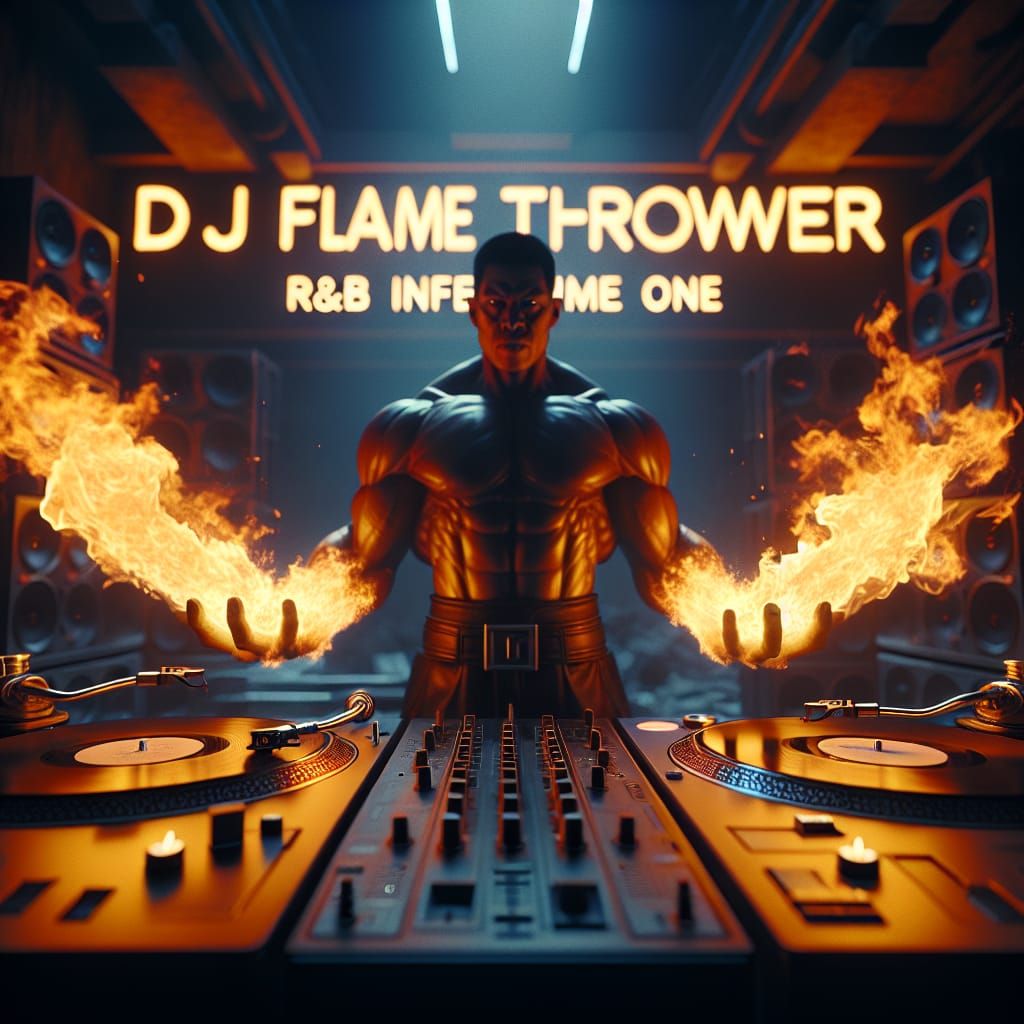 Futuristic DJ Flame Thrower in Epic Cinematic Scene
