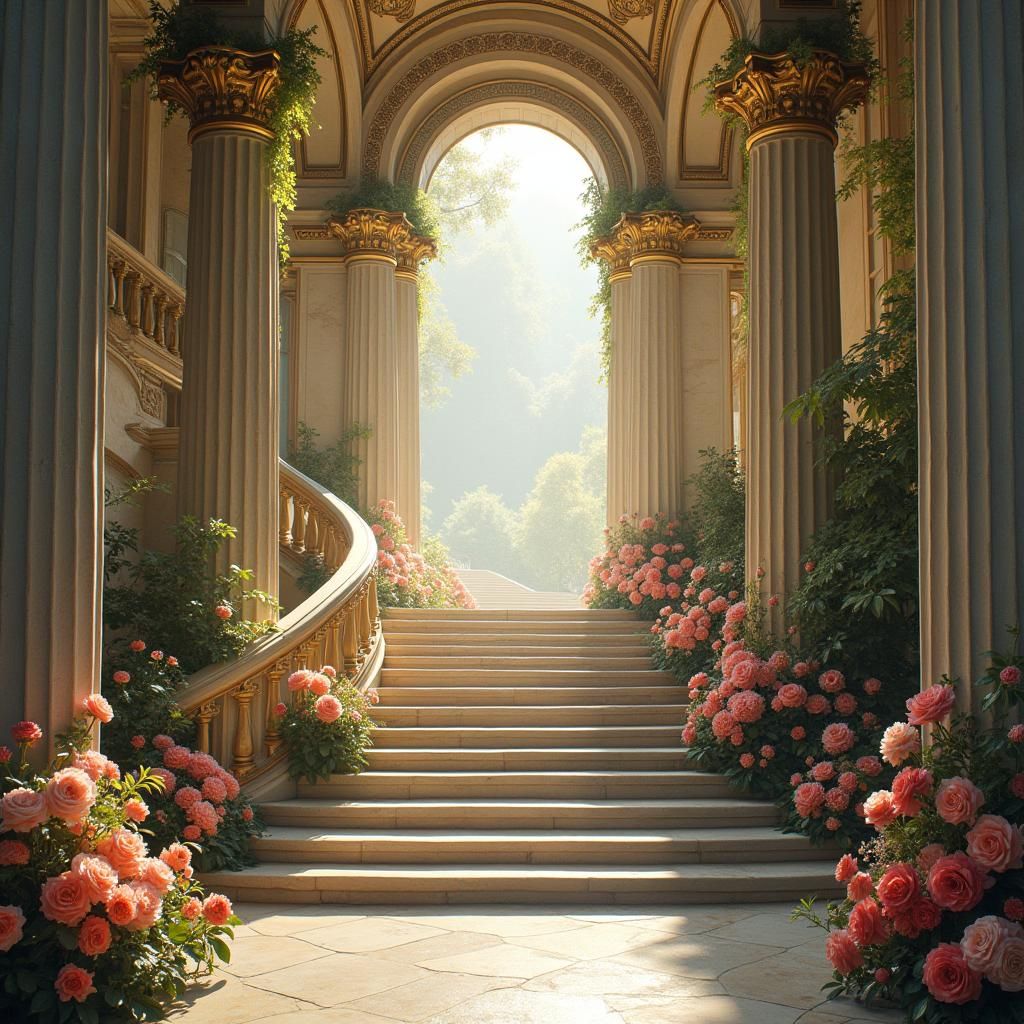 Heavenly Staircase with Roman Architecture and Flowers