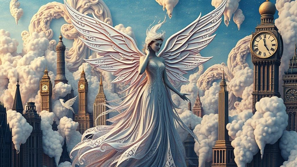 Surrealist Entity in a Dreamlike Cityscape