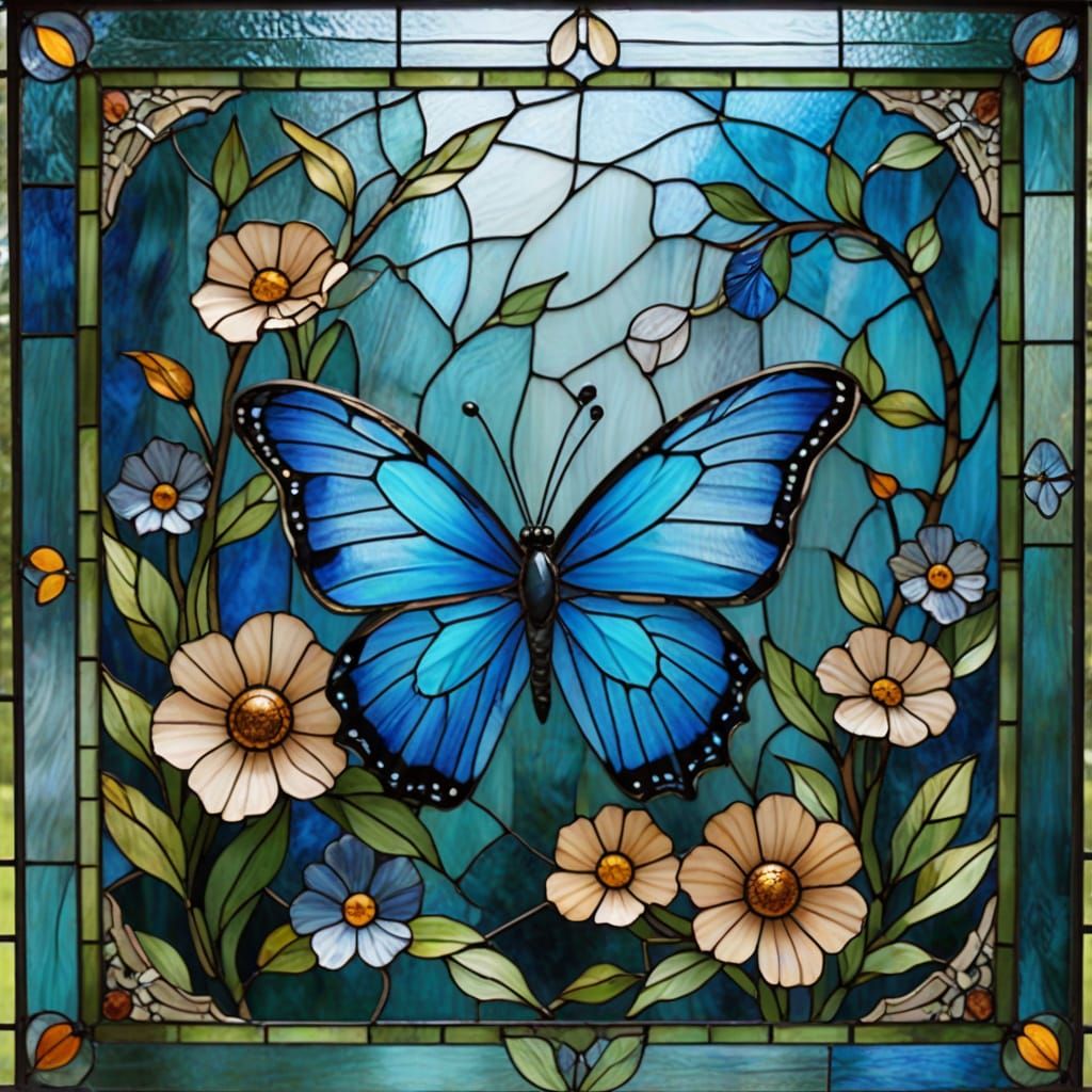 Traditional stained glass art. Medium shot. A small, vibrant...