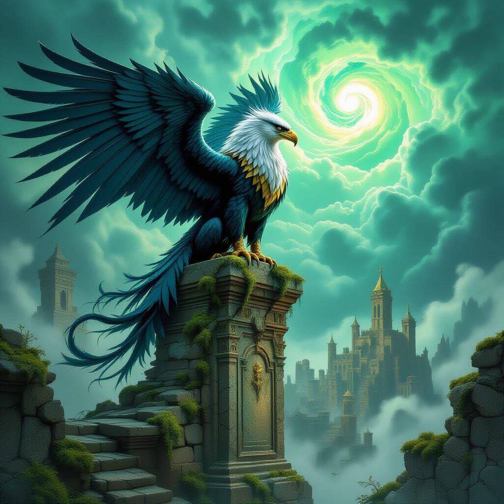 Majestic Griffin on Ancient Ruins Under Emerald Sky