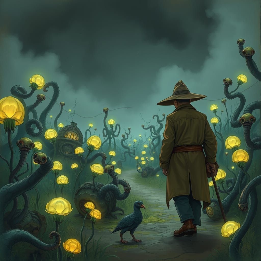 Mutated Garden with Wary Groundskeeper in Magical Realism