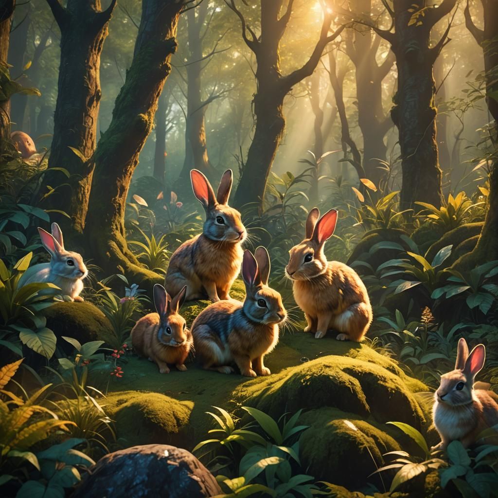 Lush Forest Bunnies in Detailed Fantasy Art
