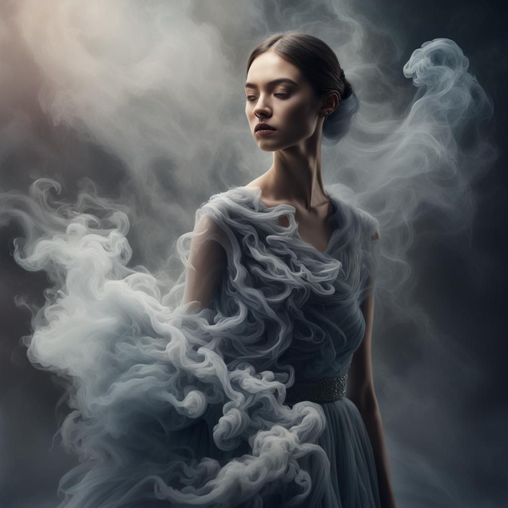 Model in Grey Smoke Gown: Hyperrealistic Splash Art