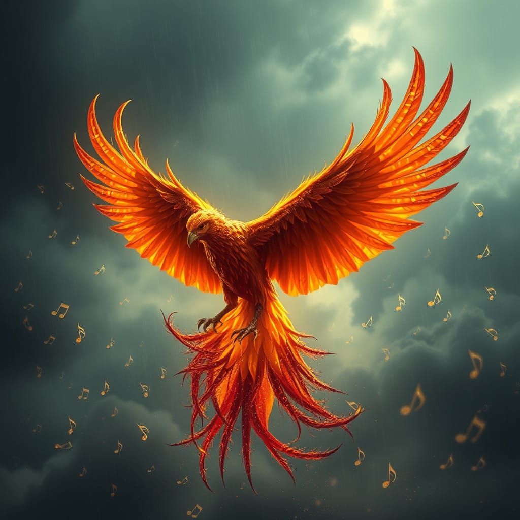 Majestic Phoenix Rises Amidst Tempestuous Sky in Hyperrealis...