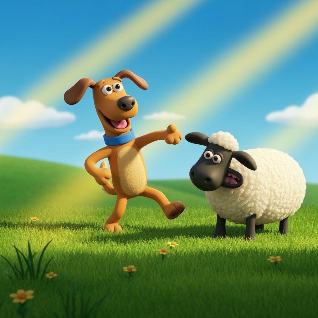 Bitzer the herding dog playing with Shaun the Sheep.