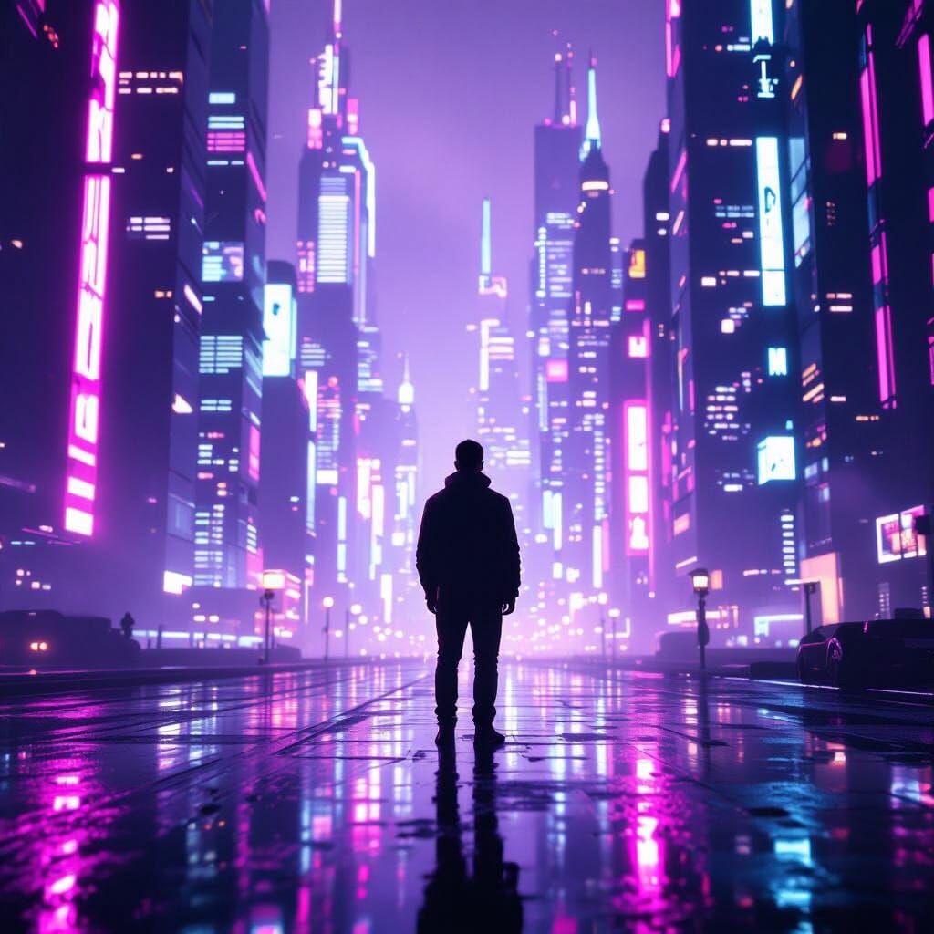 Futuristic City Silhouette in Neon Cyberpunk Style