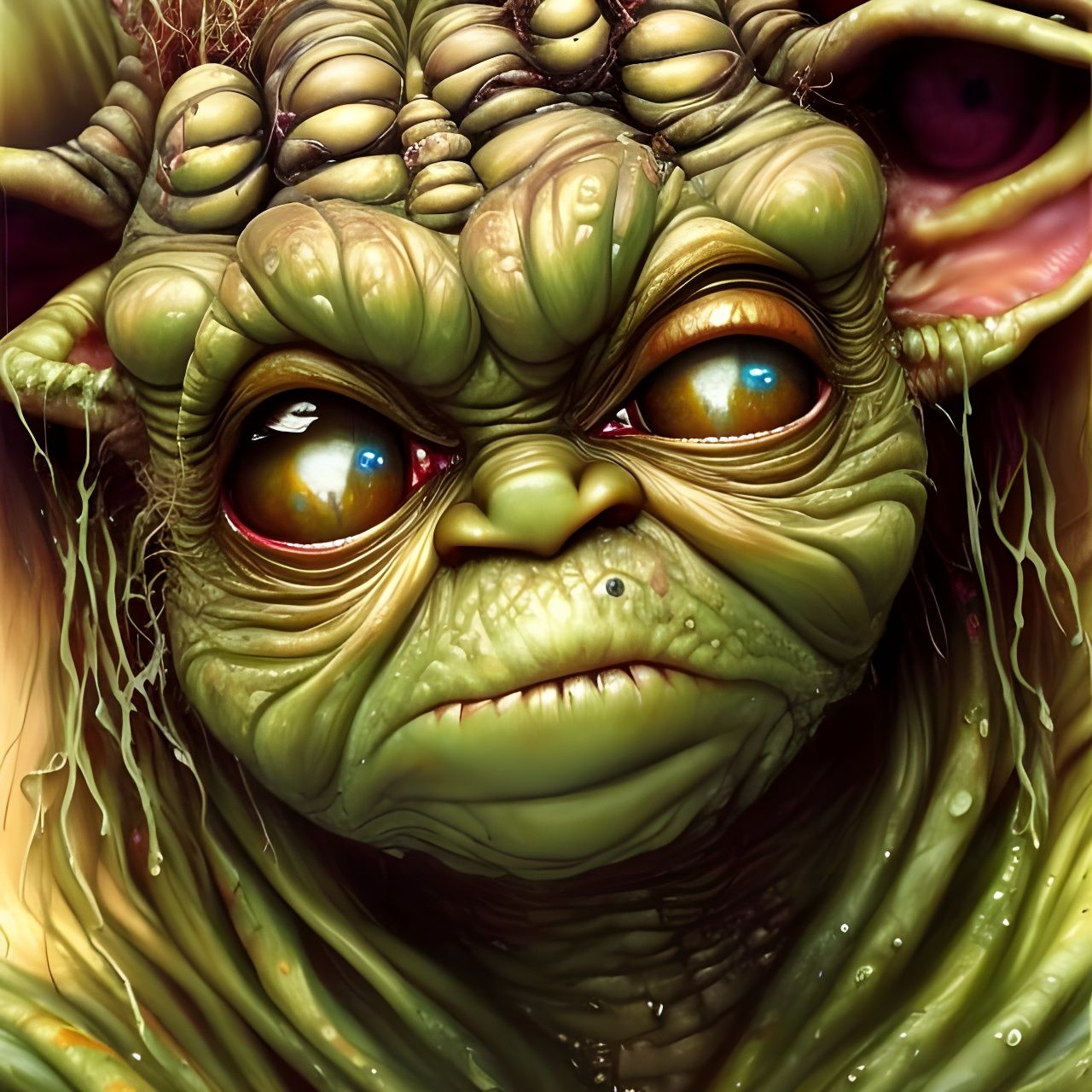 Grotesque Granny Baby Yoda: Hyperrealistic Oil Painting