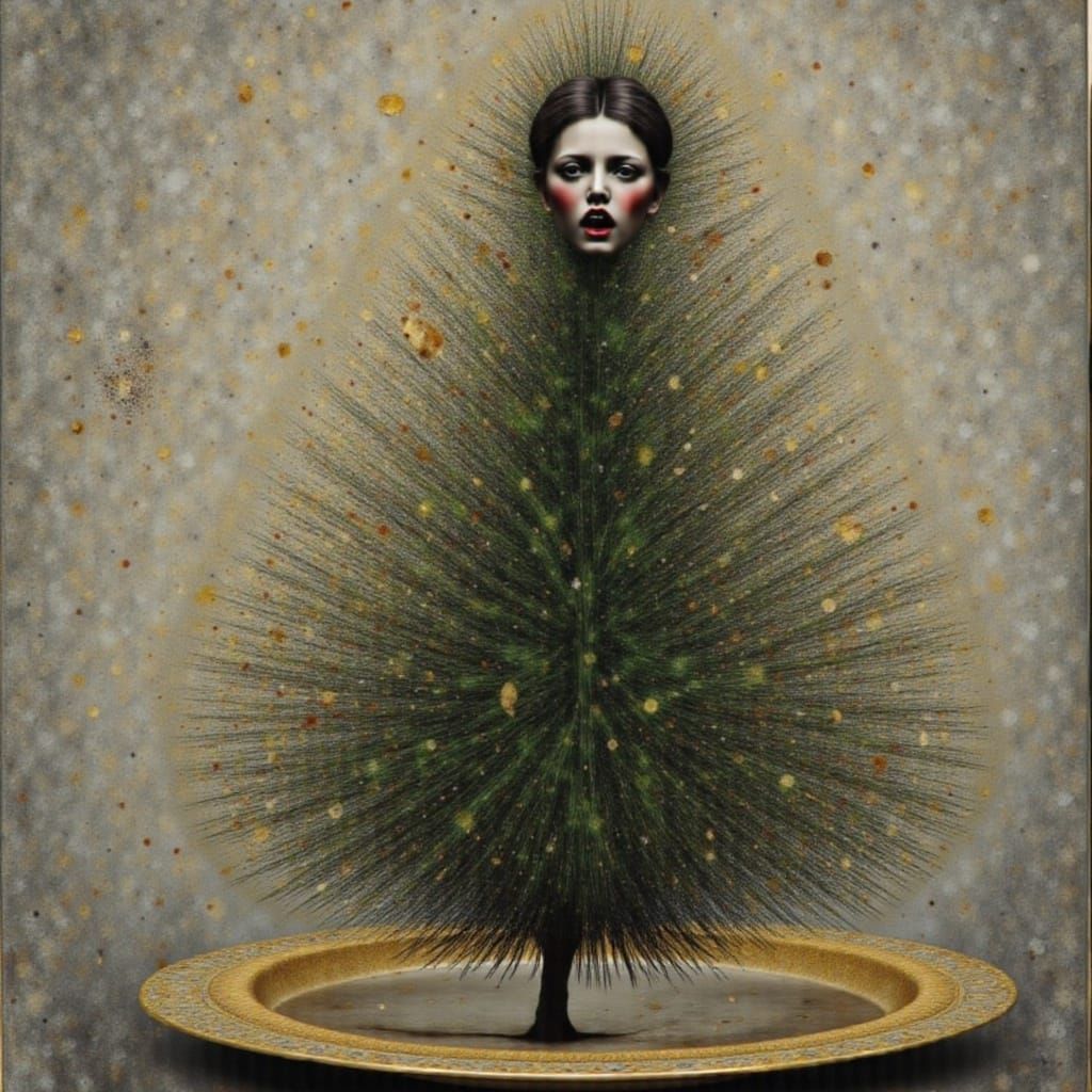 Surreal Androgynous Woman in Christmas Tree Dress