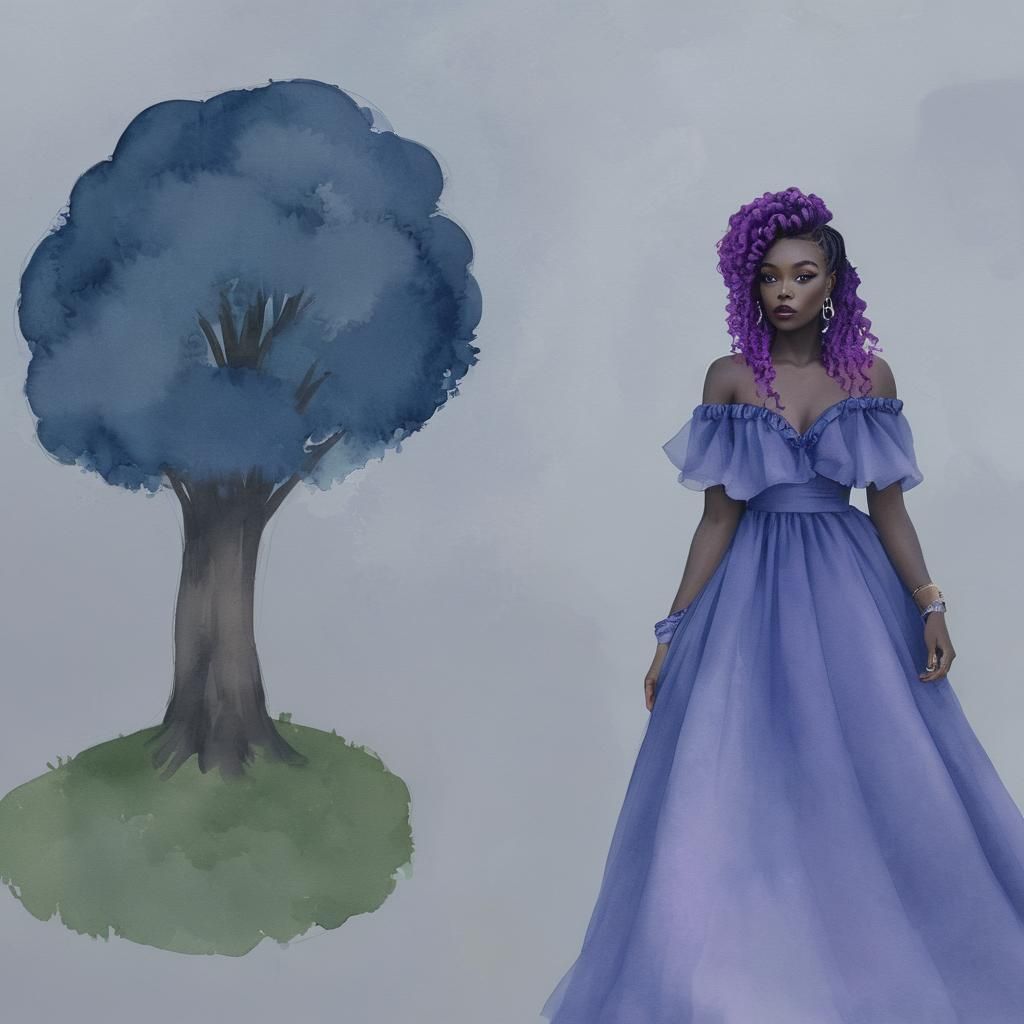 Black Girl in Blue-Violet Gown Among Pine Trees