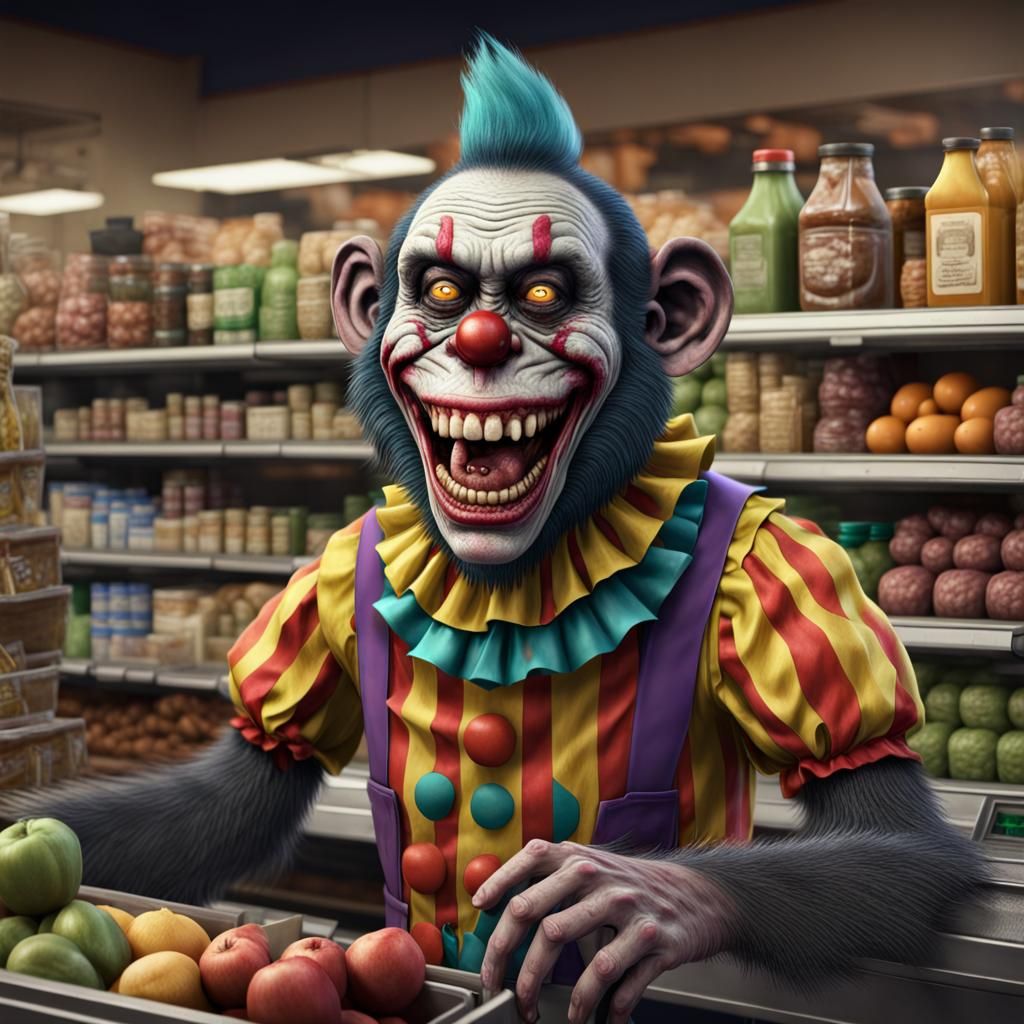 Zombie Monkey Clown Cashier in Detailed Matte Painting