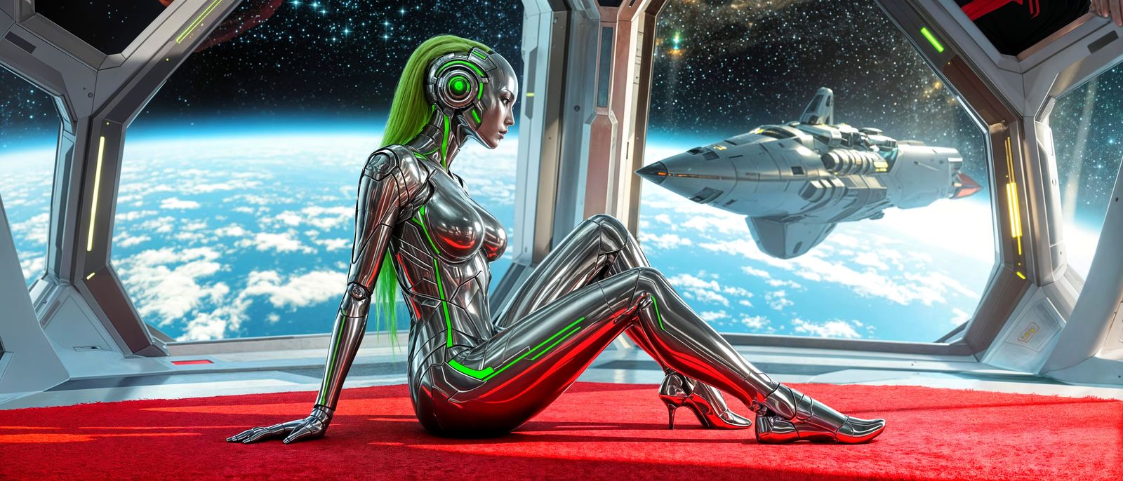 Surreal Android Goddess in Metallic Silver and Green on a Vi...