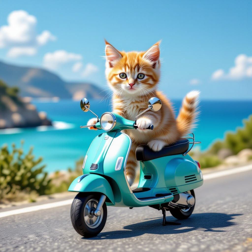 Kitten on Scooter: Realistic Coastal Landscape