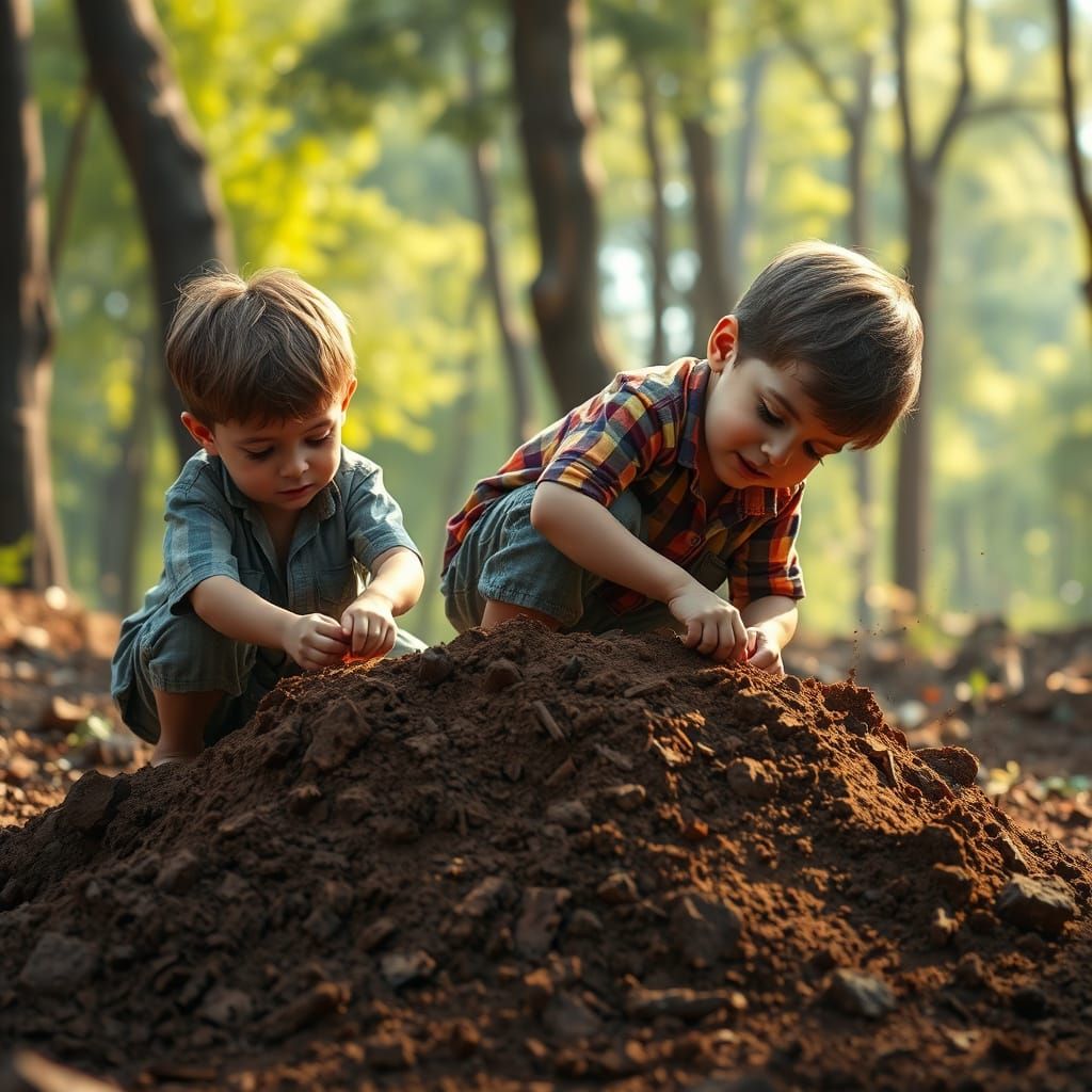 Boys in Hyperrealistic Dirt Pile Scene