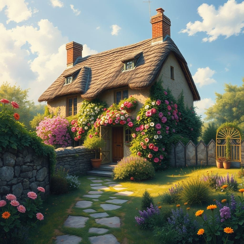 English Cottage in Whimsical Neo-Impressionist Style
