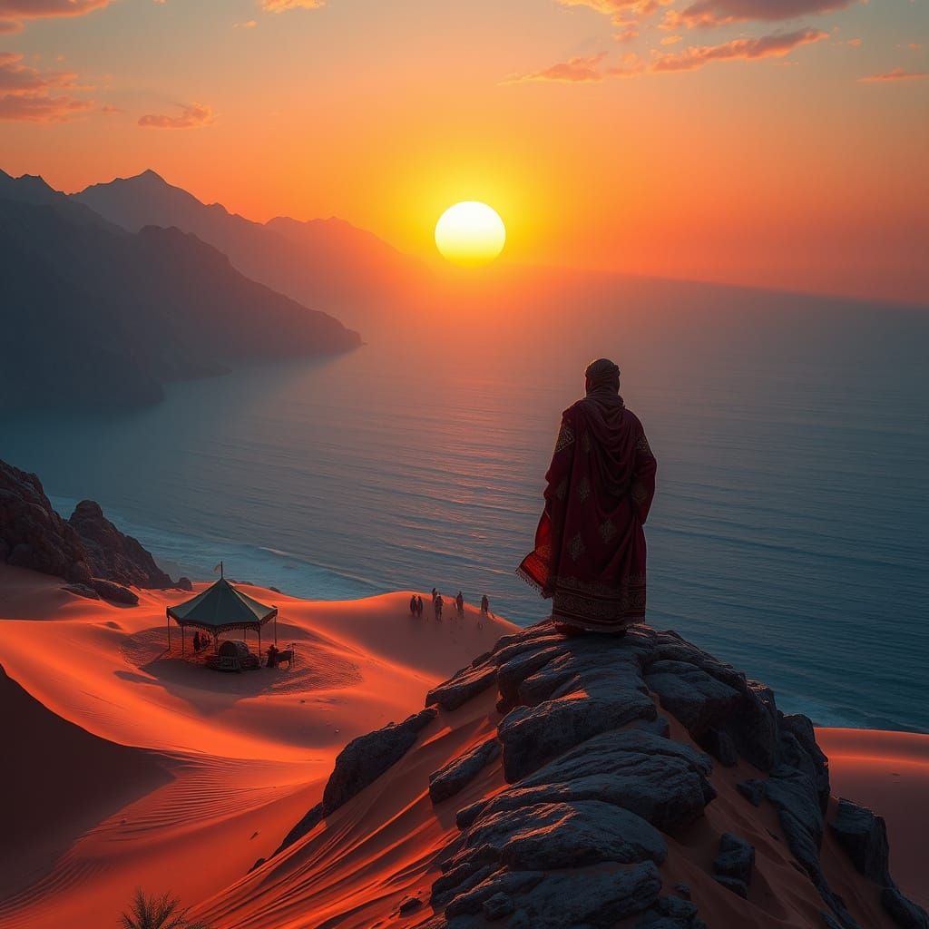Surreal Desert Nomad Camp at Sunset on Azure Ocean