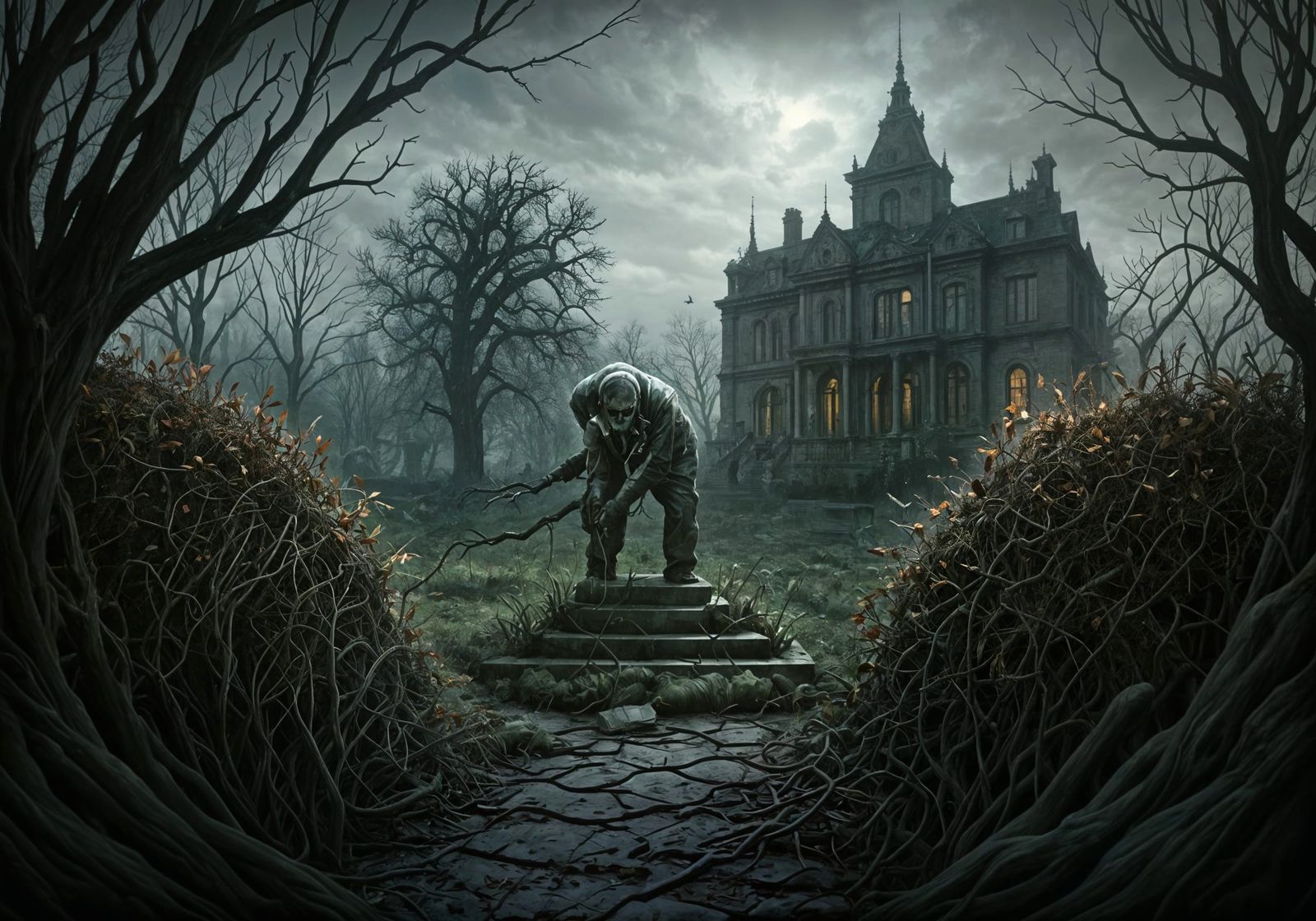 Ominous Garden Tombstone Scene in Dark Style