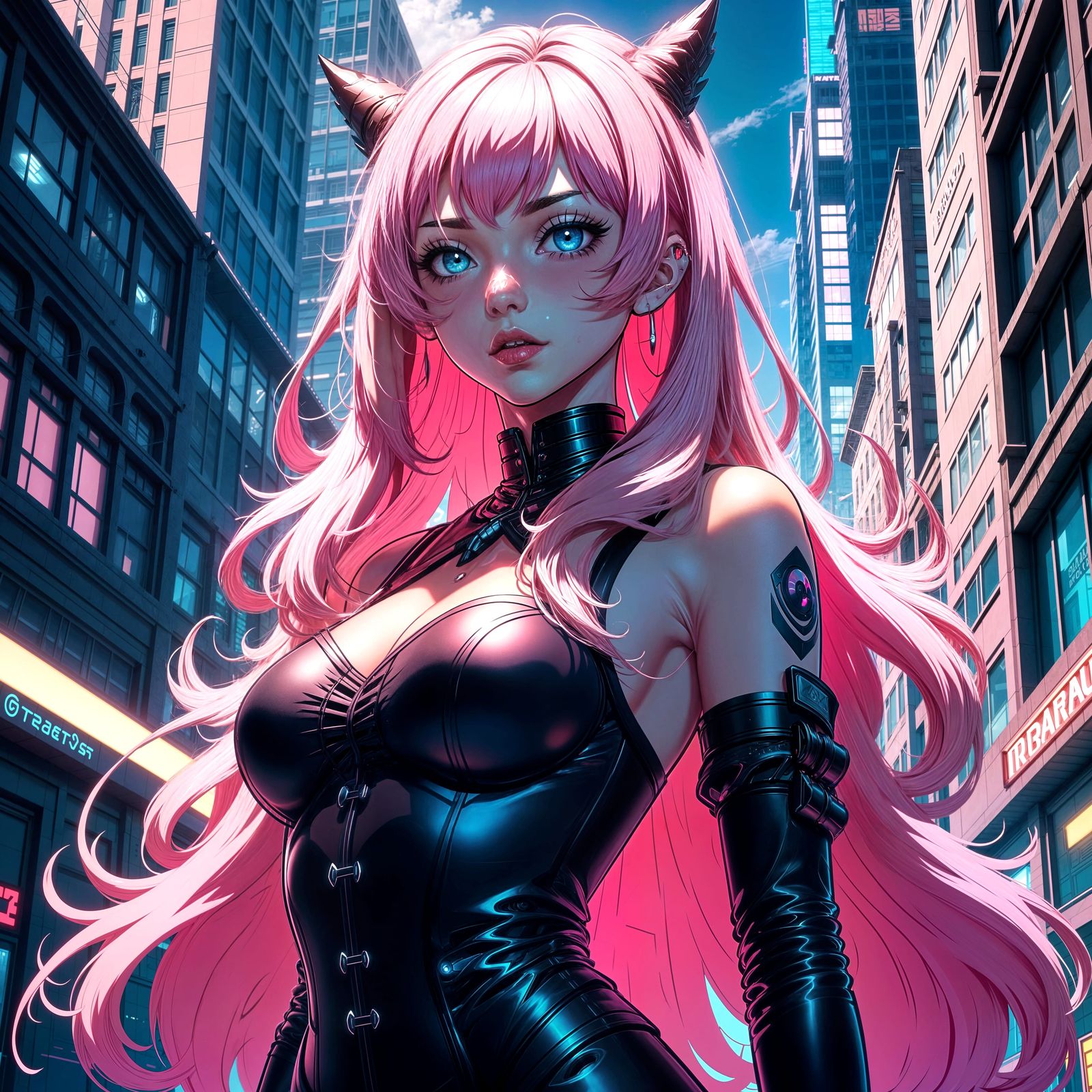 Pink-Haired Beauty in a Cel-Shaded Anime City