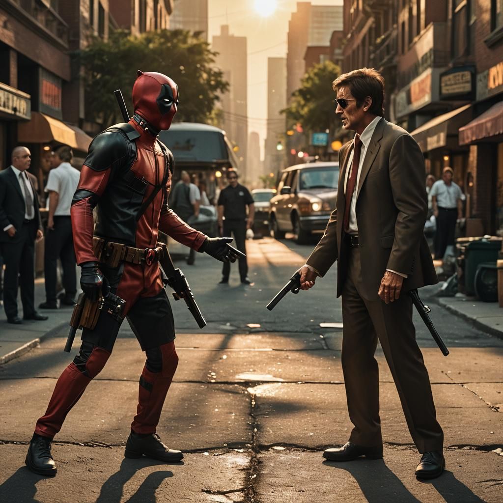Scarface and Deadpool Face-Off: Hyperrealistic Film Still