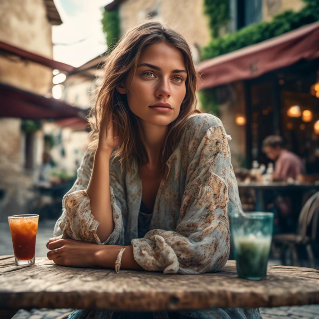 Beautiful Girl at Cafe in Italy: Cinematic Still